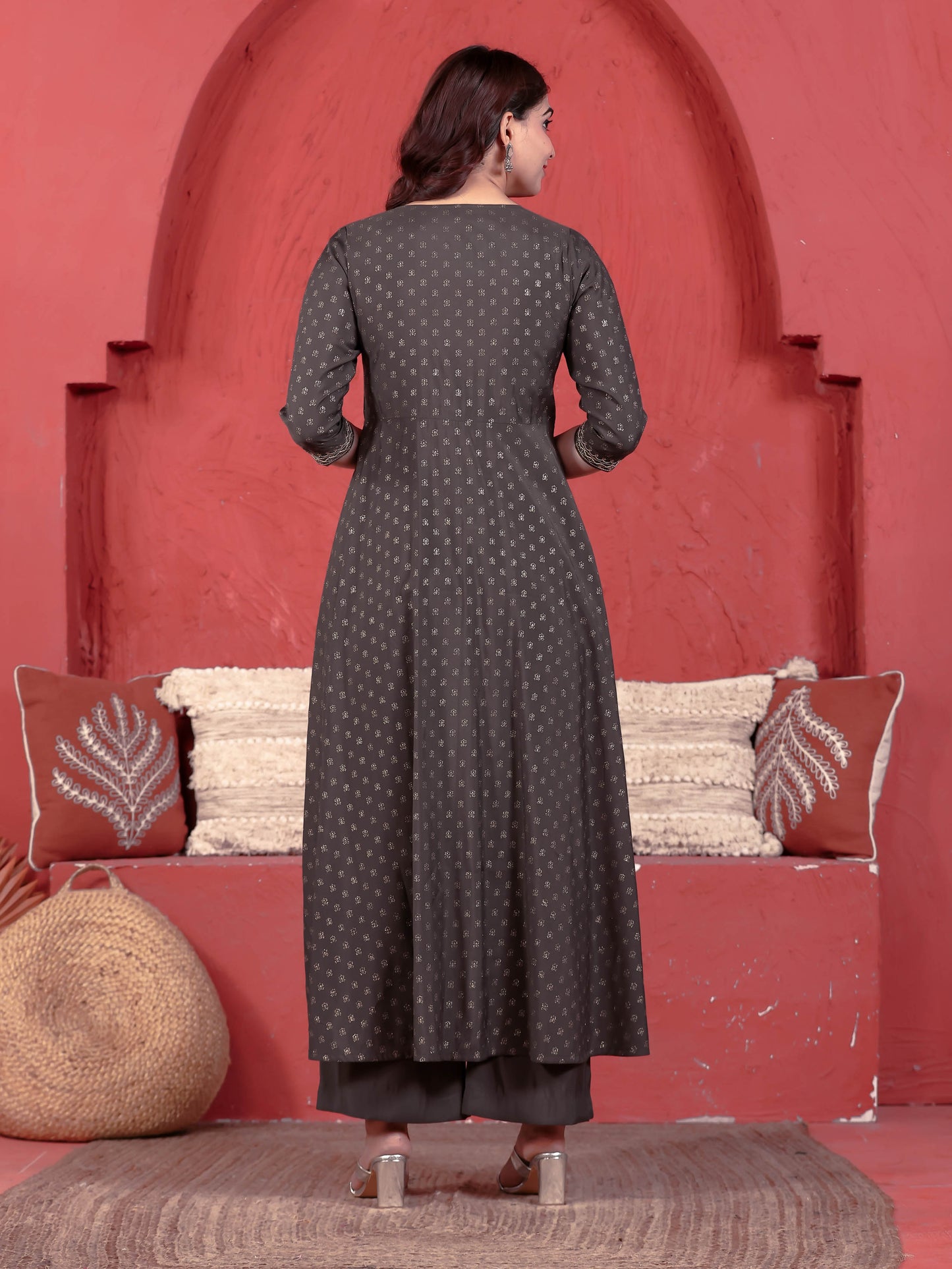 Embroidered Roman Silk Gold Foil Anarkali Grey Kurta