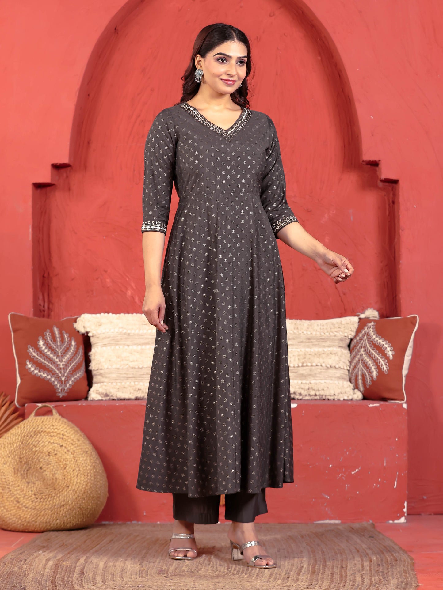 Embroidered Roman Silk Gold Foil Anarkali Grey Kurta