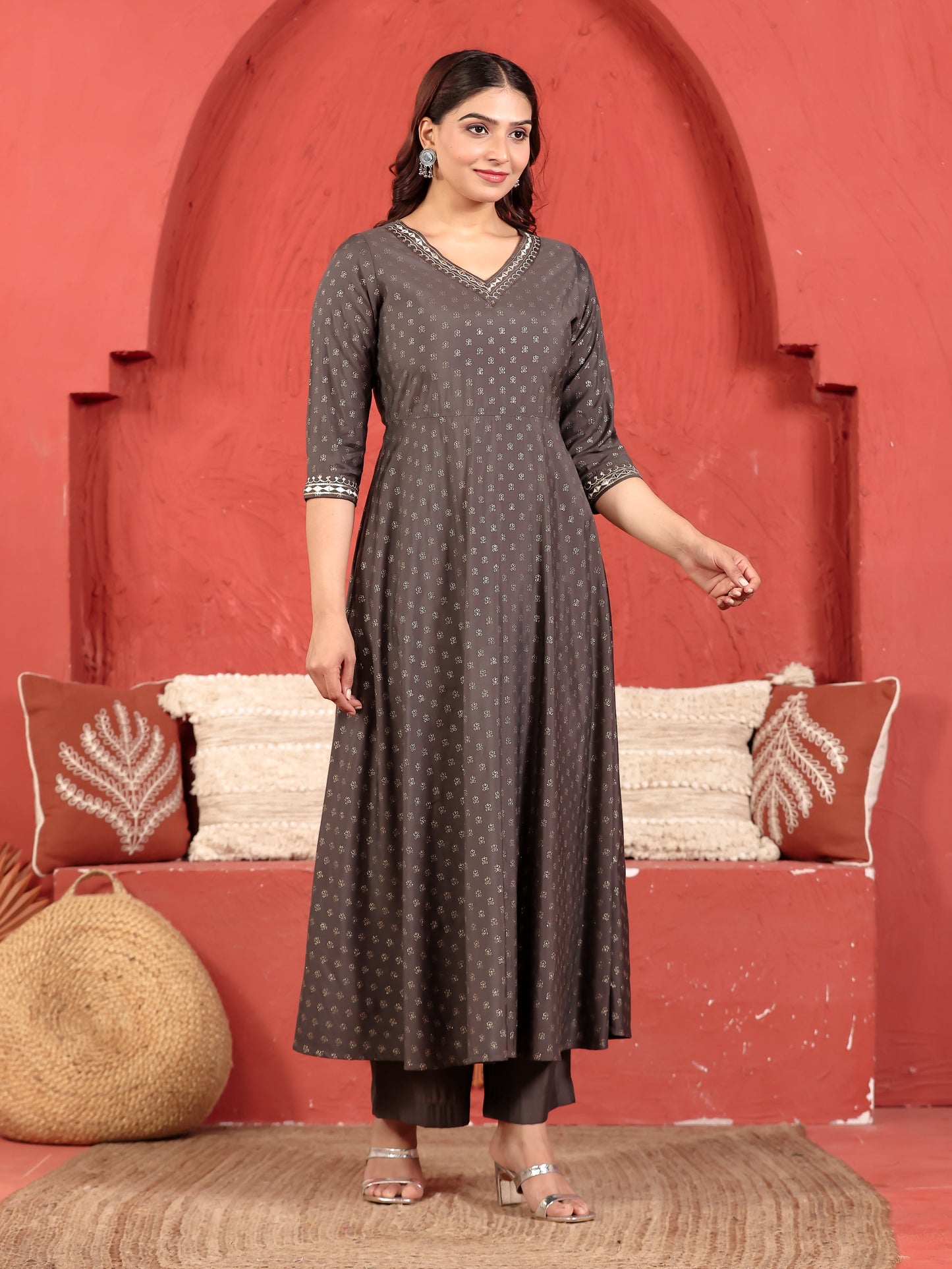 Embroidered Roman Silk Gold Foil A-line Grey Kurta