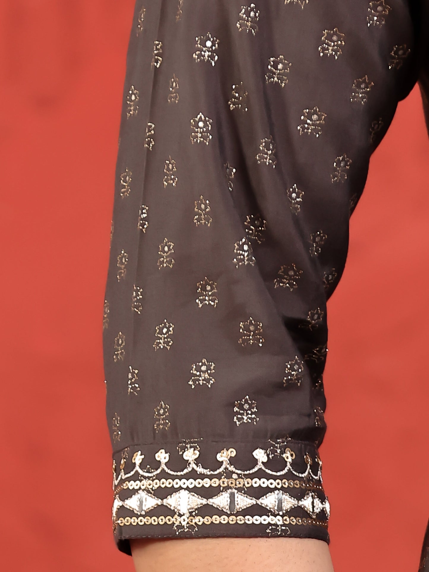 Embroidered Roman Silk Gold Foil A-line Grey Kurta
