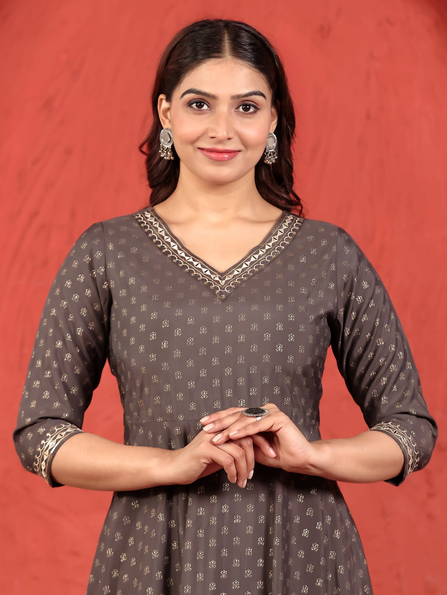 Embroidered Roman Silk Gold Foil A-line Grey Kurta