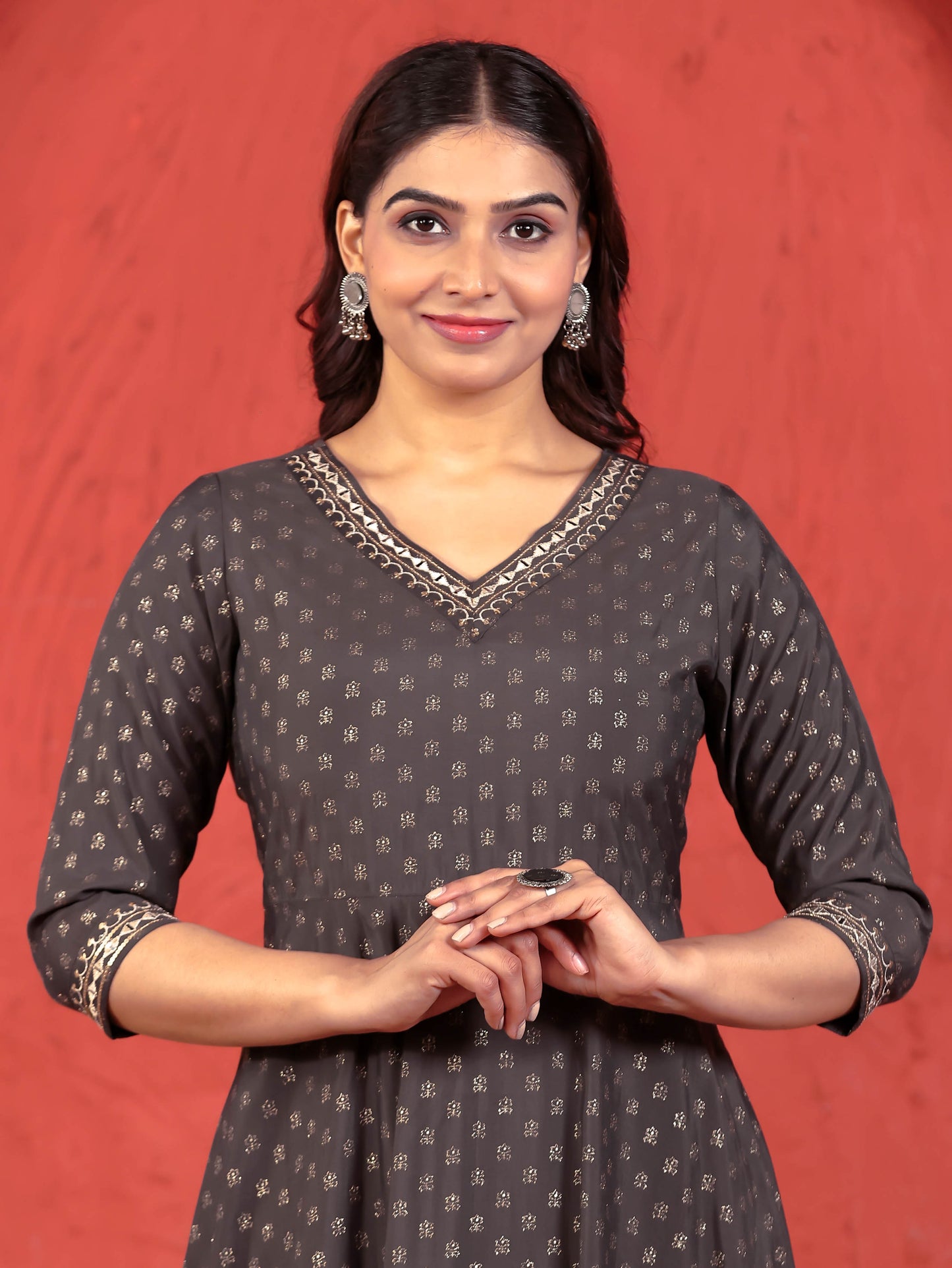 Embroidered Roman Silk Gold Foil Anarkali Grey Kurta