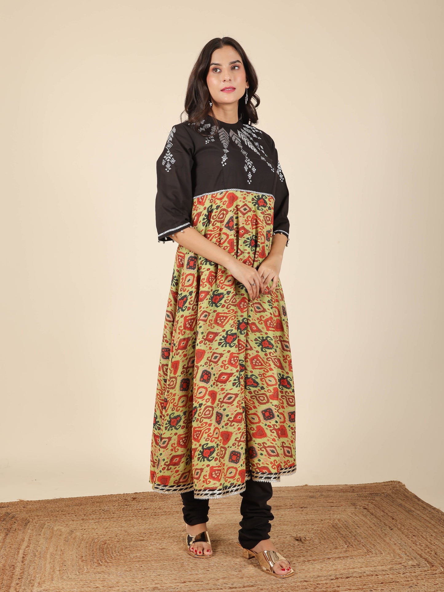 Soft Cotton Ikat Flared Green Kurta