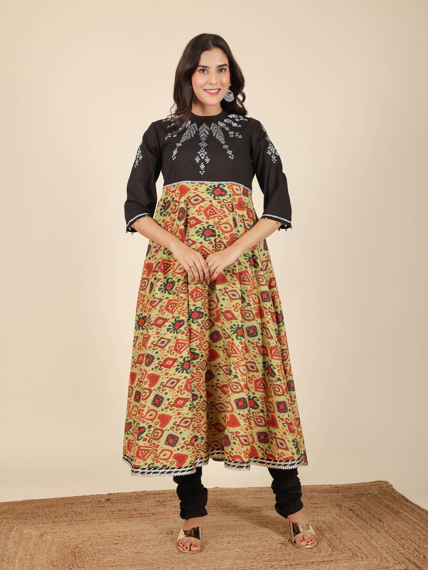 Soft Cotton Ikat Flared Green Kurta