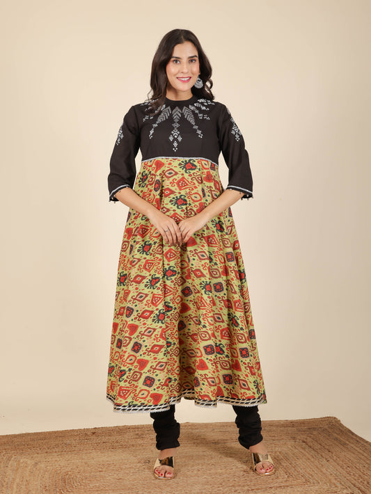 Soft Cotton Ikat Flared Green Kurta
