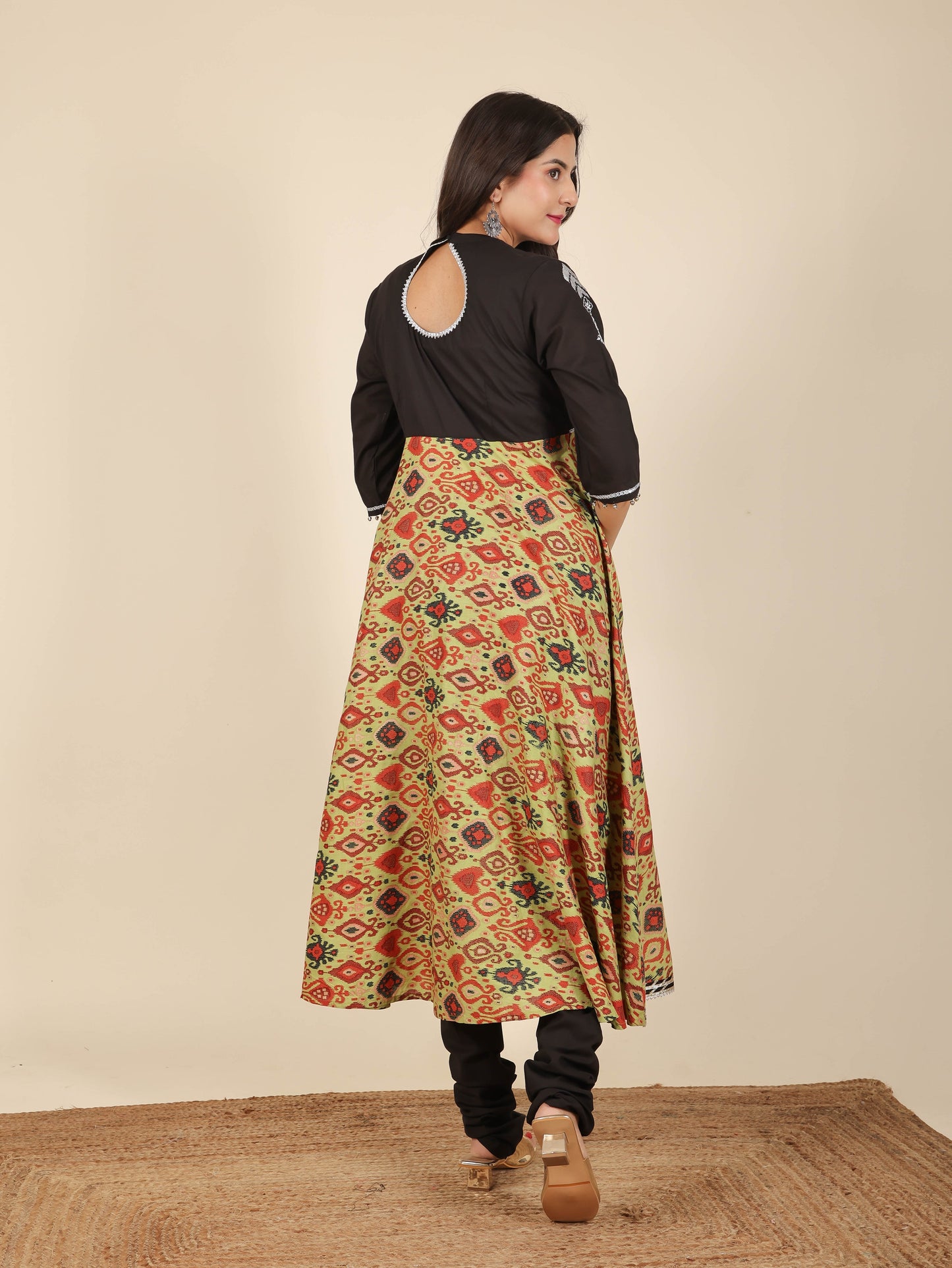 Soft Cotton Ikat Flared Green Kurta