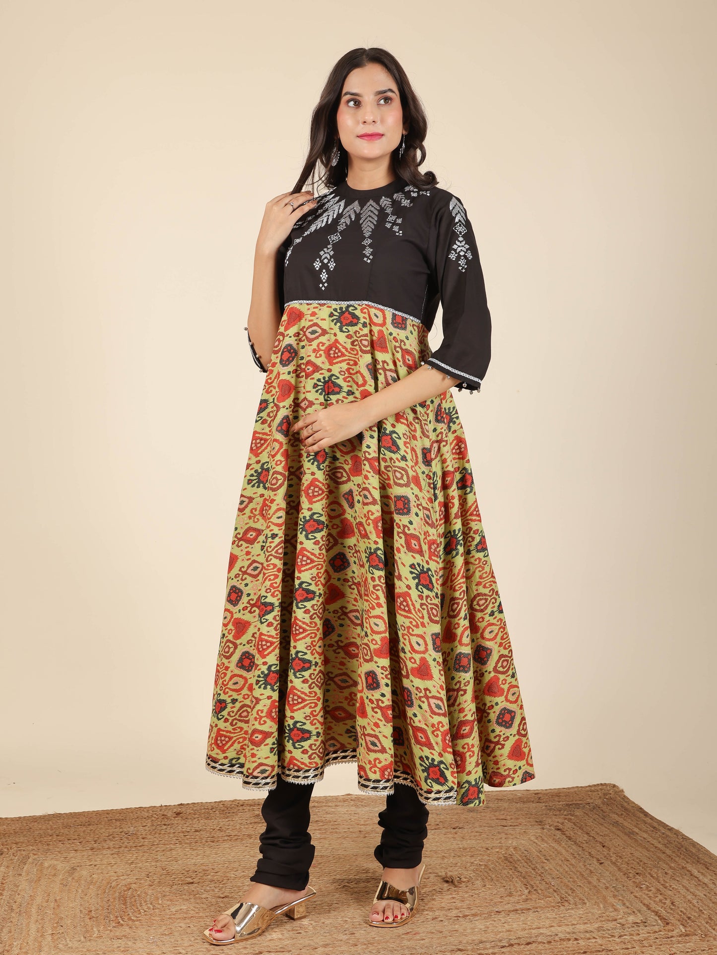 Soft Cotton Ikat Flared Green Kurta