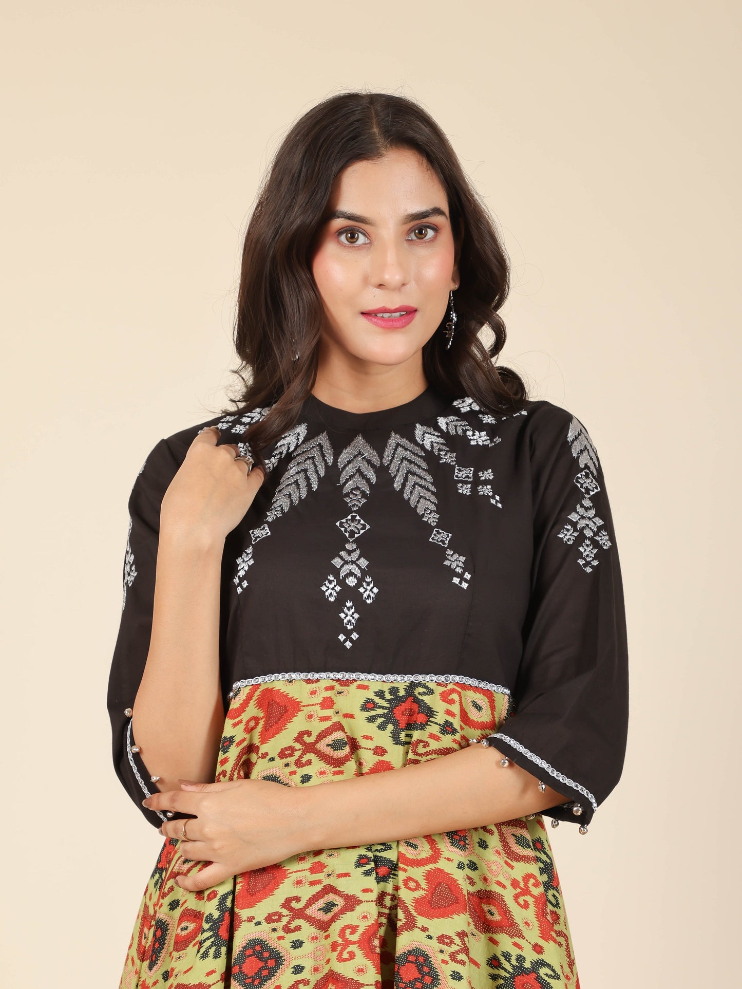 Soft Cotton Ikat Flared Green Kurta