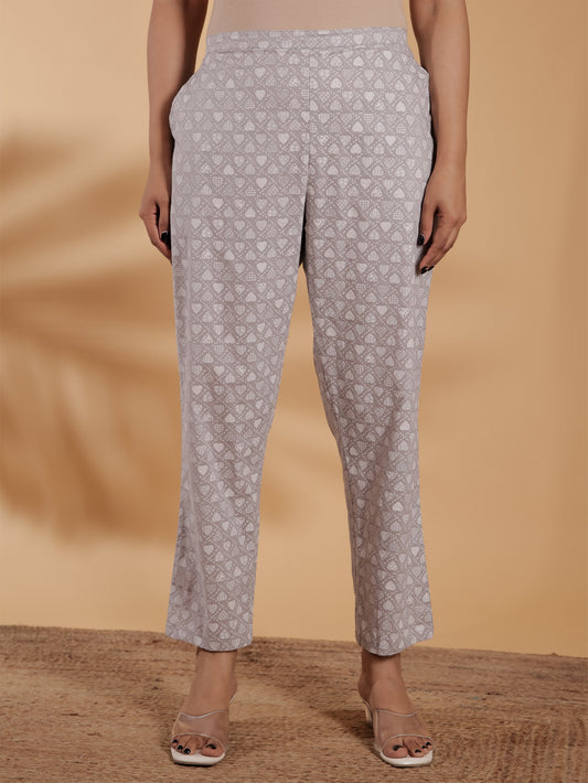 Soft Cotton Abstract Grey Tapered Trousers