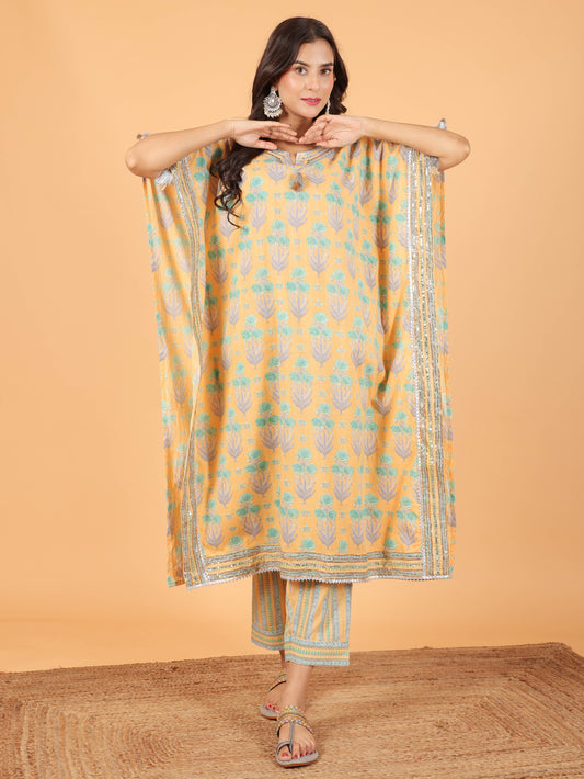 Soft Cotton Floral Kaftan Yellow Kurta