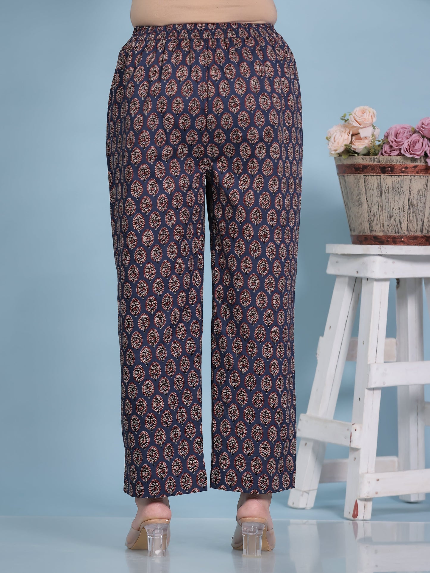 Soft Cotton Butta Navy Blue Straight Trousers