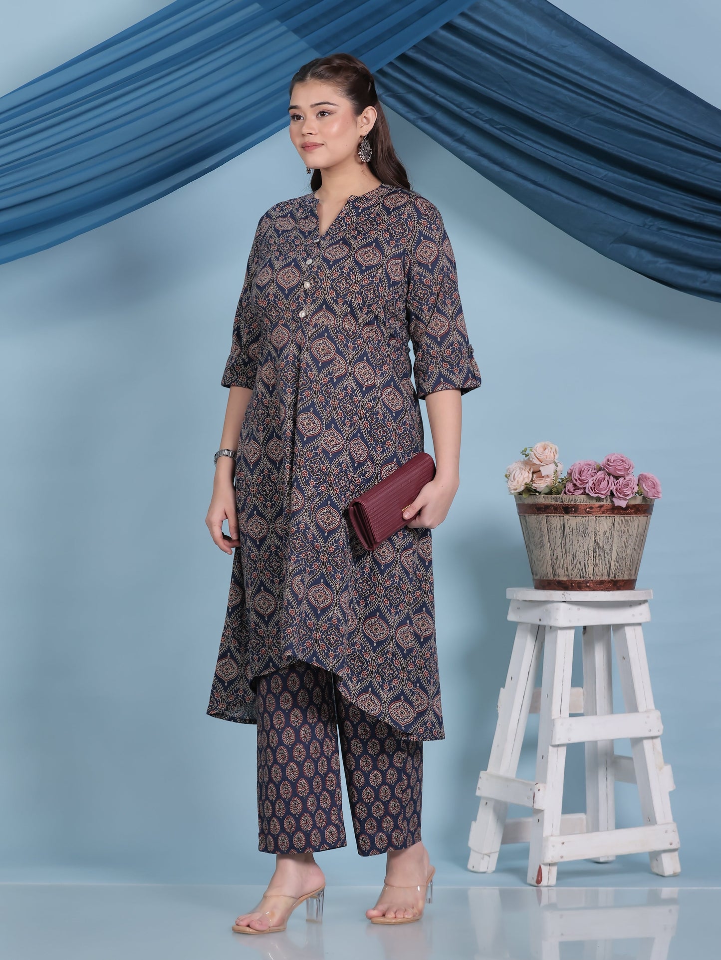 Soft Cotton Butta High Low Navy Blue Kurta