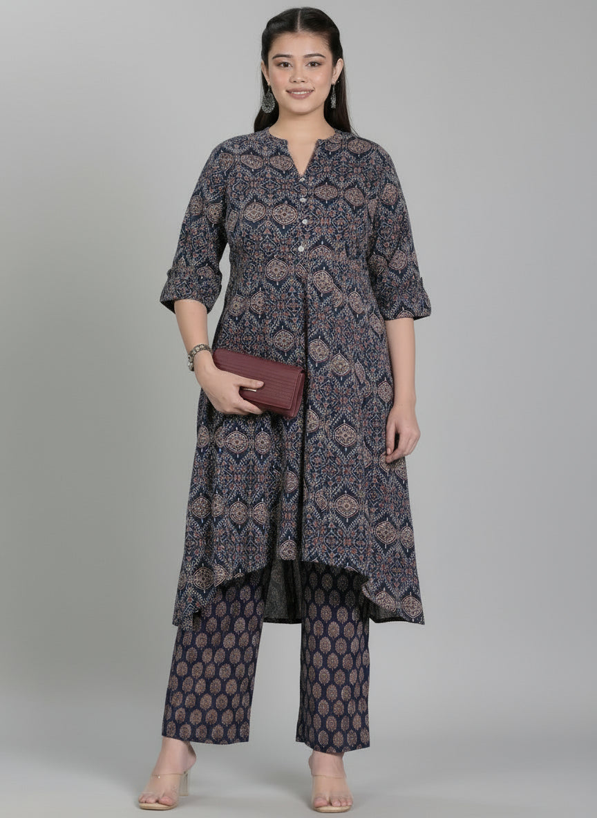 Soft Cotton Butta High Low Navy Blue Kurta