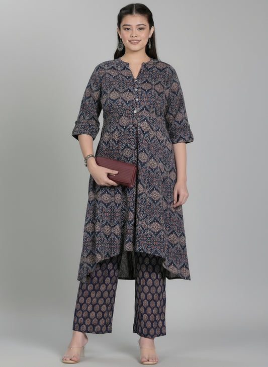 Soft Cotton Butta High Low Navy Blue Kurta
