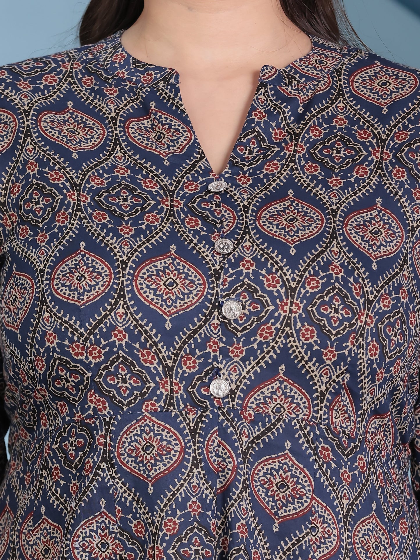 Soft Cotton Butta High Low Navy Blue Kurta