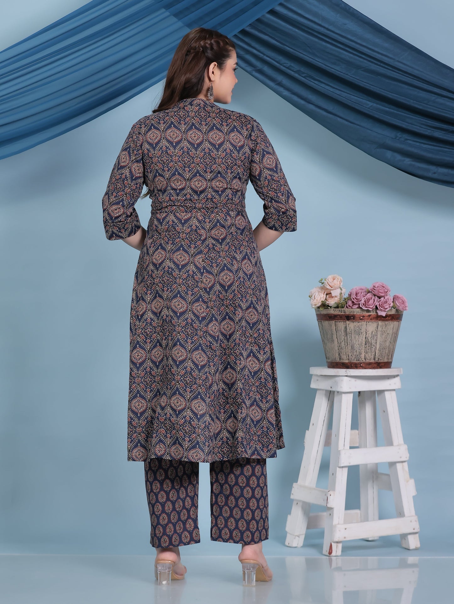 Soft Cotton Butta High Low Navy Blue Kurta