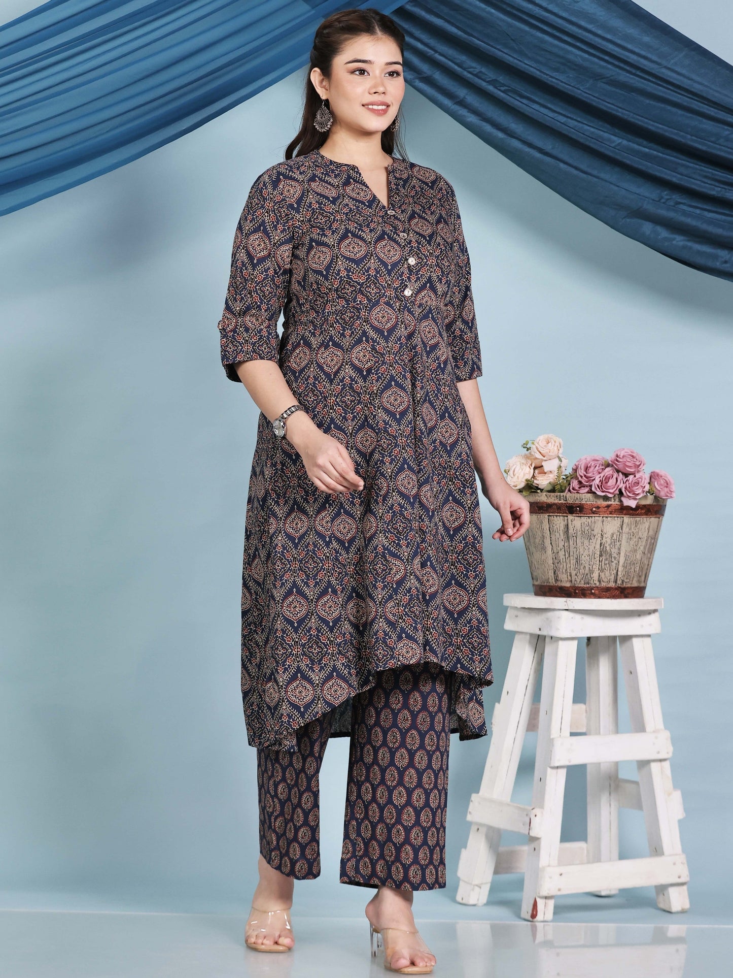 Soft Cotton Butta High Low Navy Blue Kurta