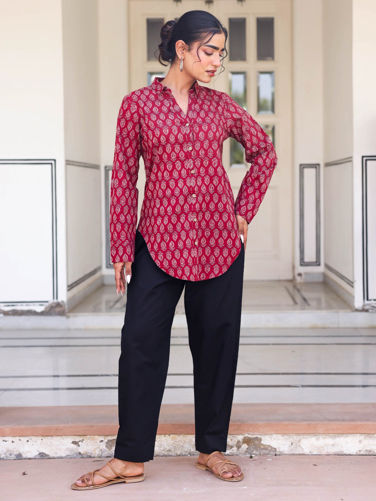 Soft Cotton Butti Straight Maroon Tunic