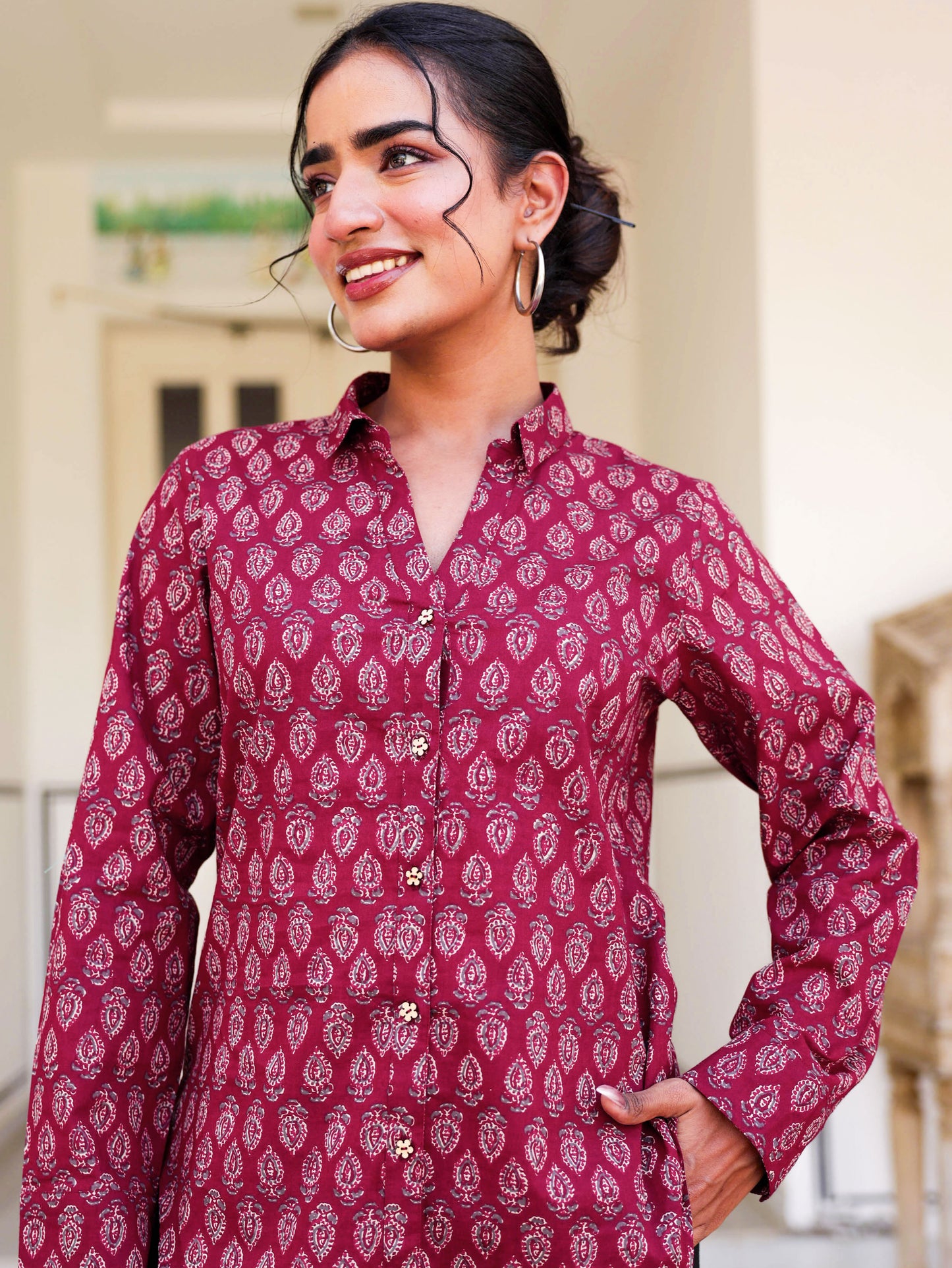 Soft Cotton Butti Straight Maroon Tunic