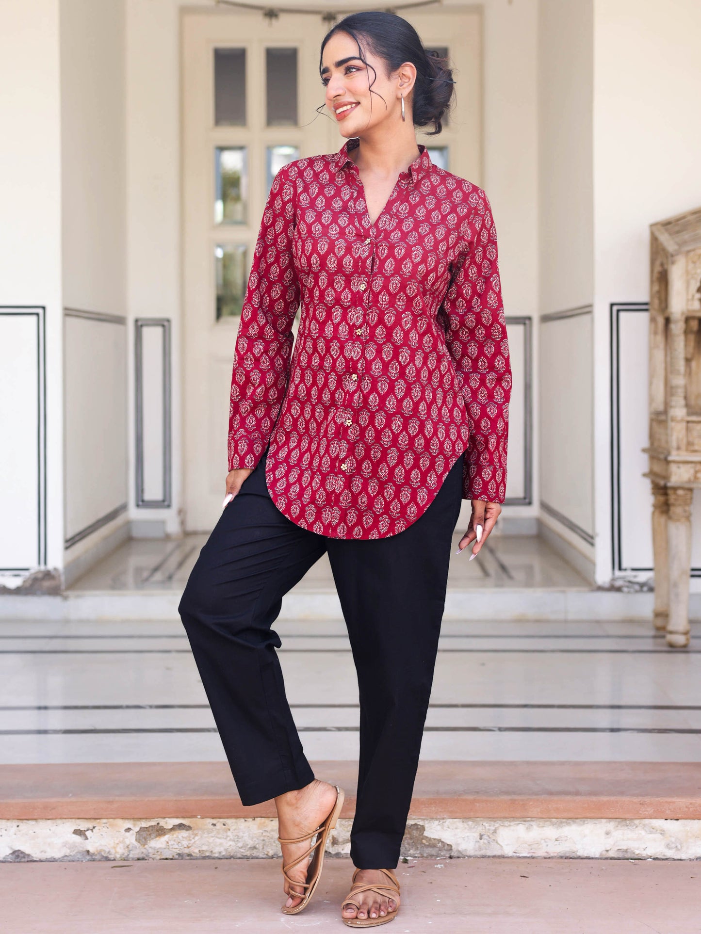 Soft Cotton Butti Straight Maroon Tunic