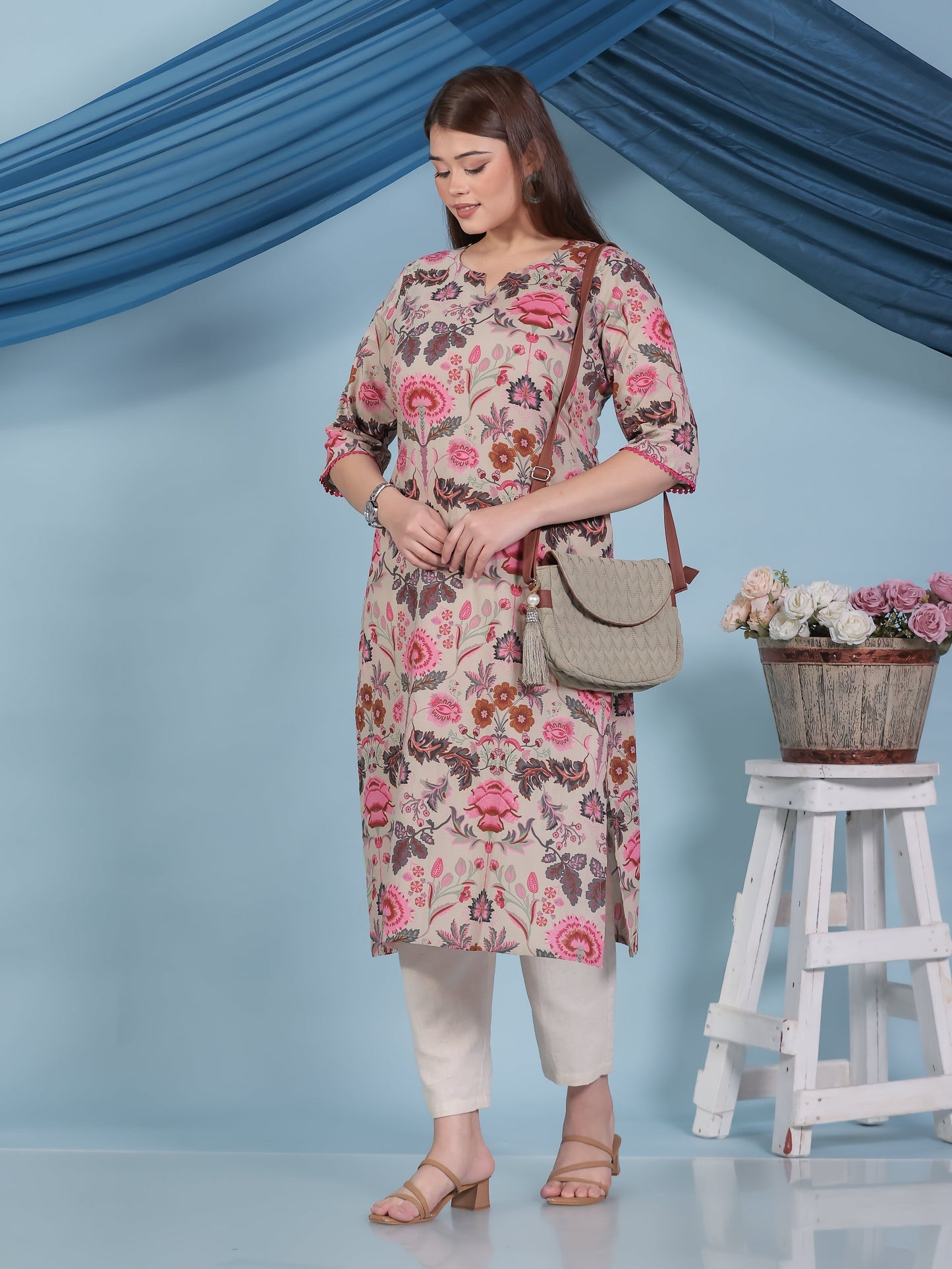 Soft Cotton Floral Straight Beige Kurta