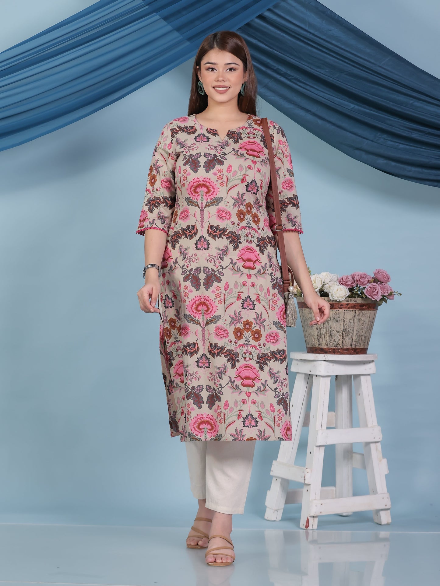 Soft Cotton Floral Straight Beige Kurta