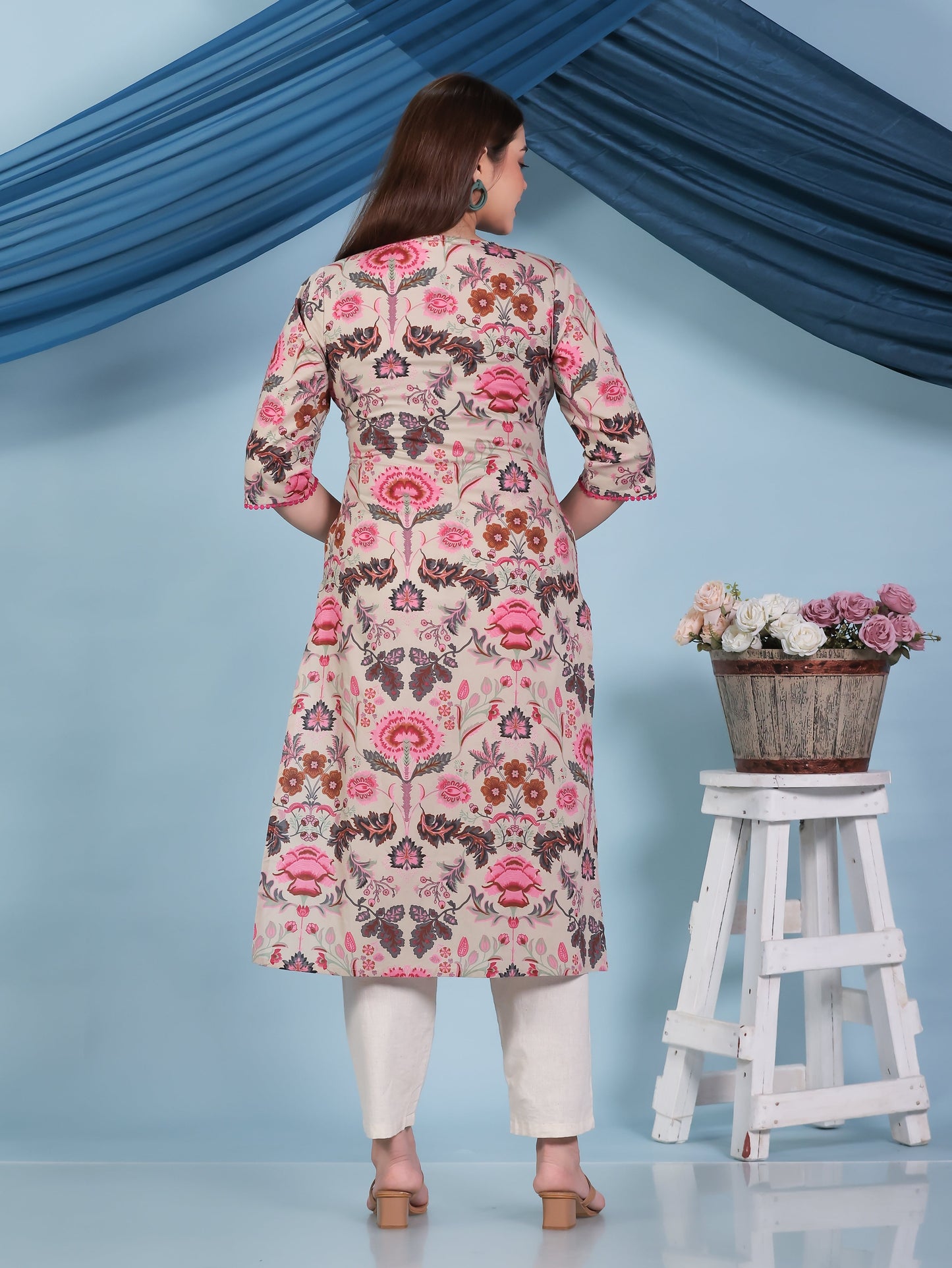 Soft Cotton Floral Straight Beige Kurta