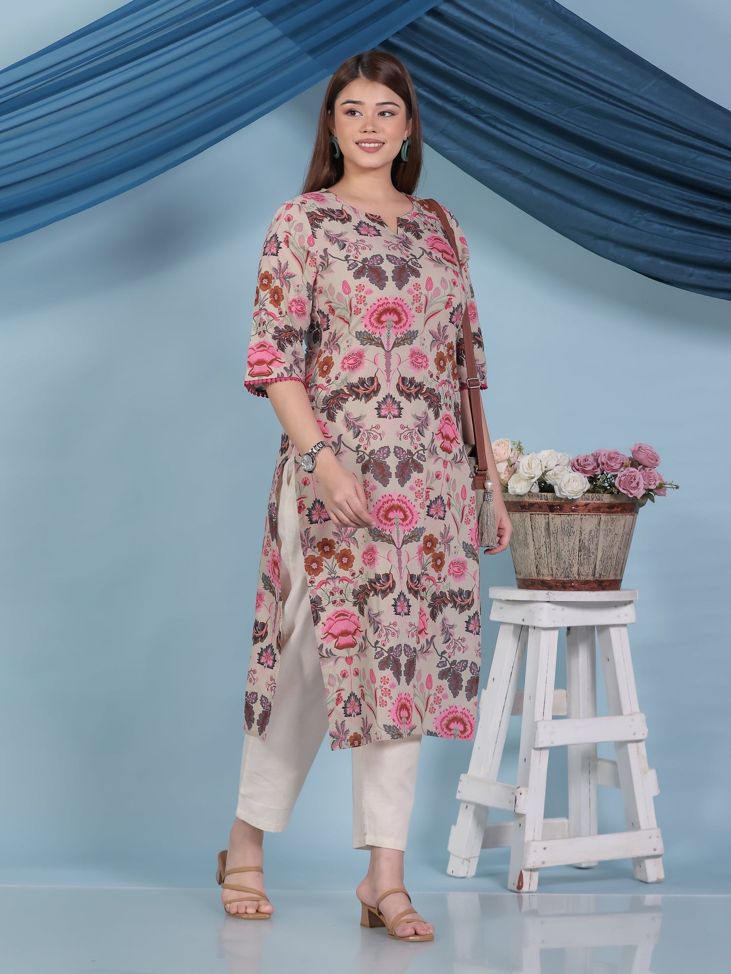 Soft Cotton Floral Straight Beige Kurta