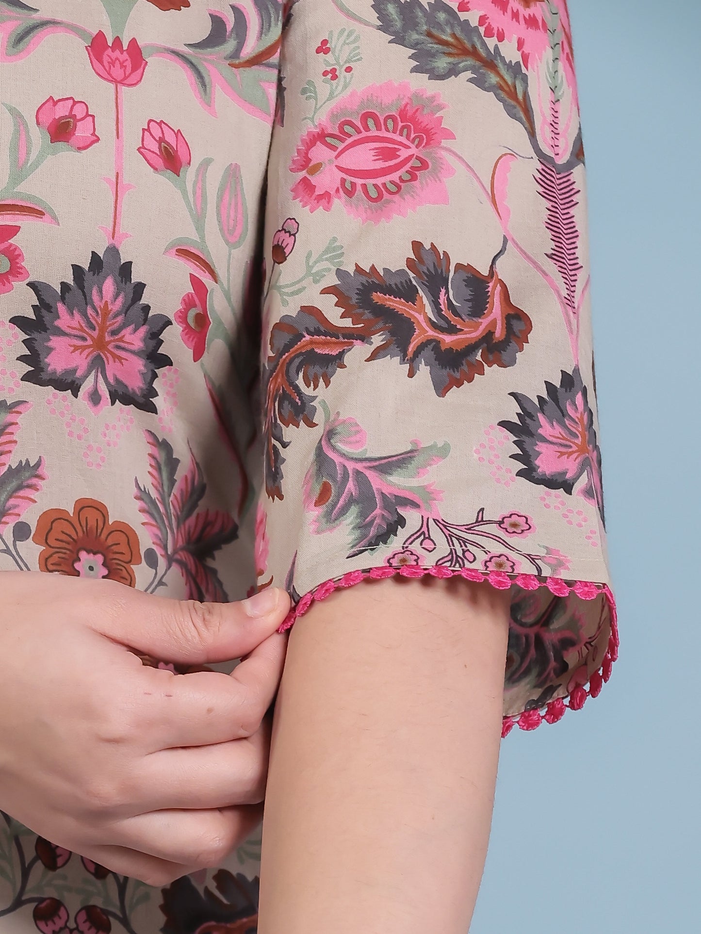 Soft Cotton Floral Straight Beige Kurta