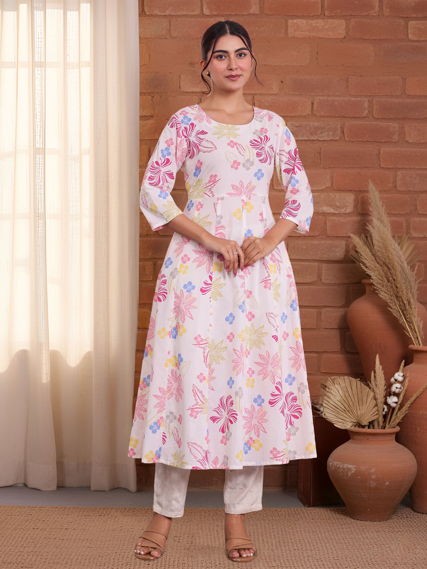 Soft Cotton Floral Anarkali Off White Kurta