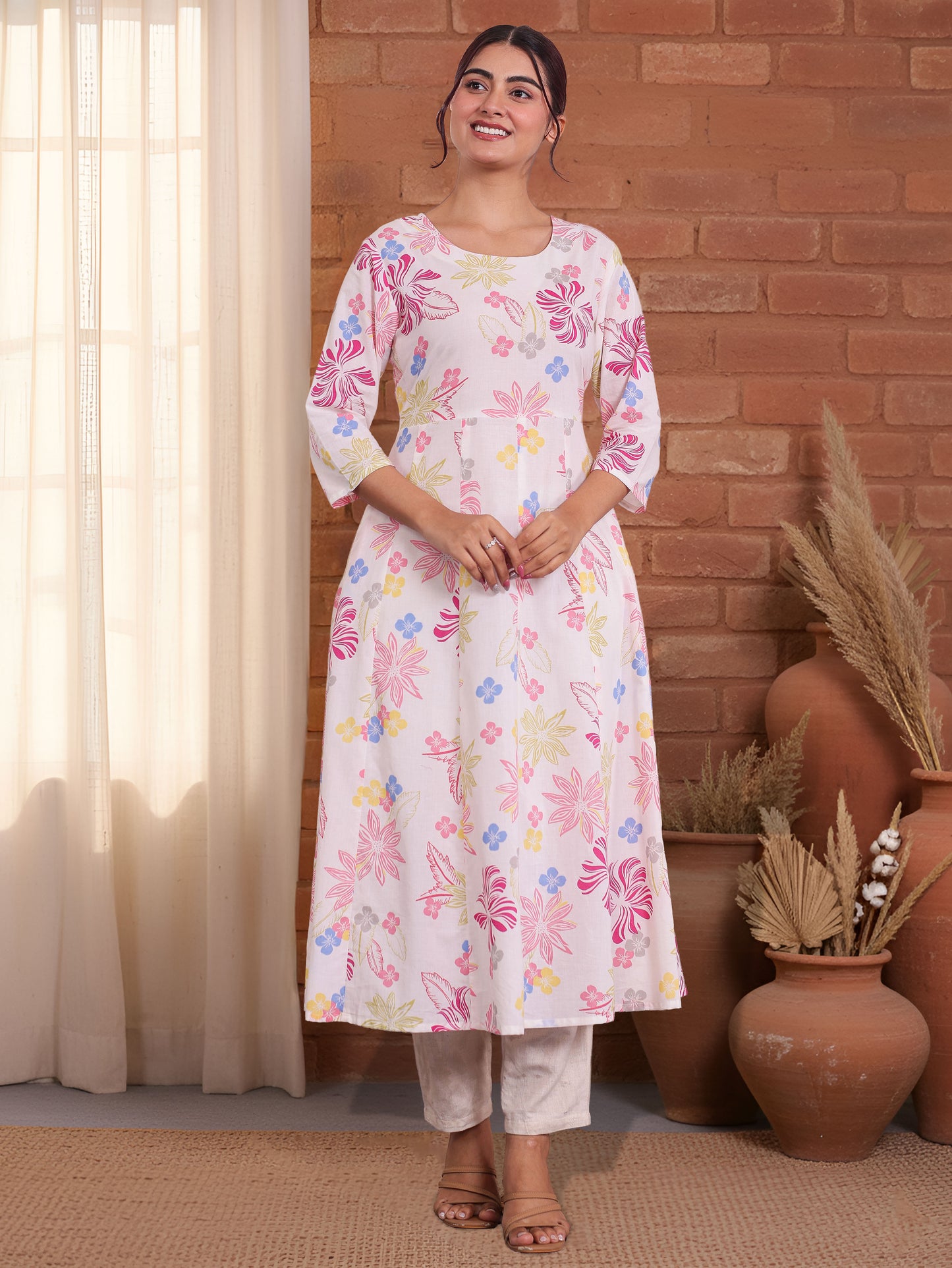 Soft Cotton Floral Anarkali Off White Kurta