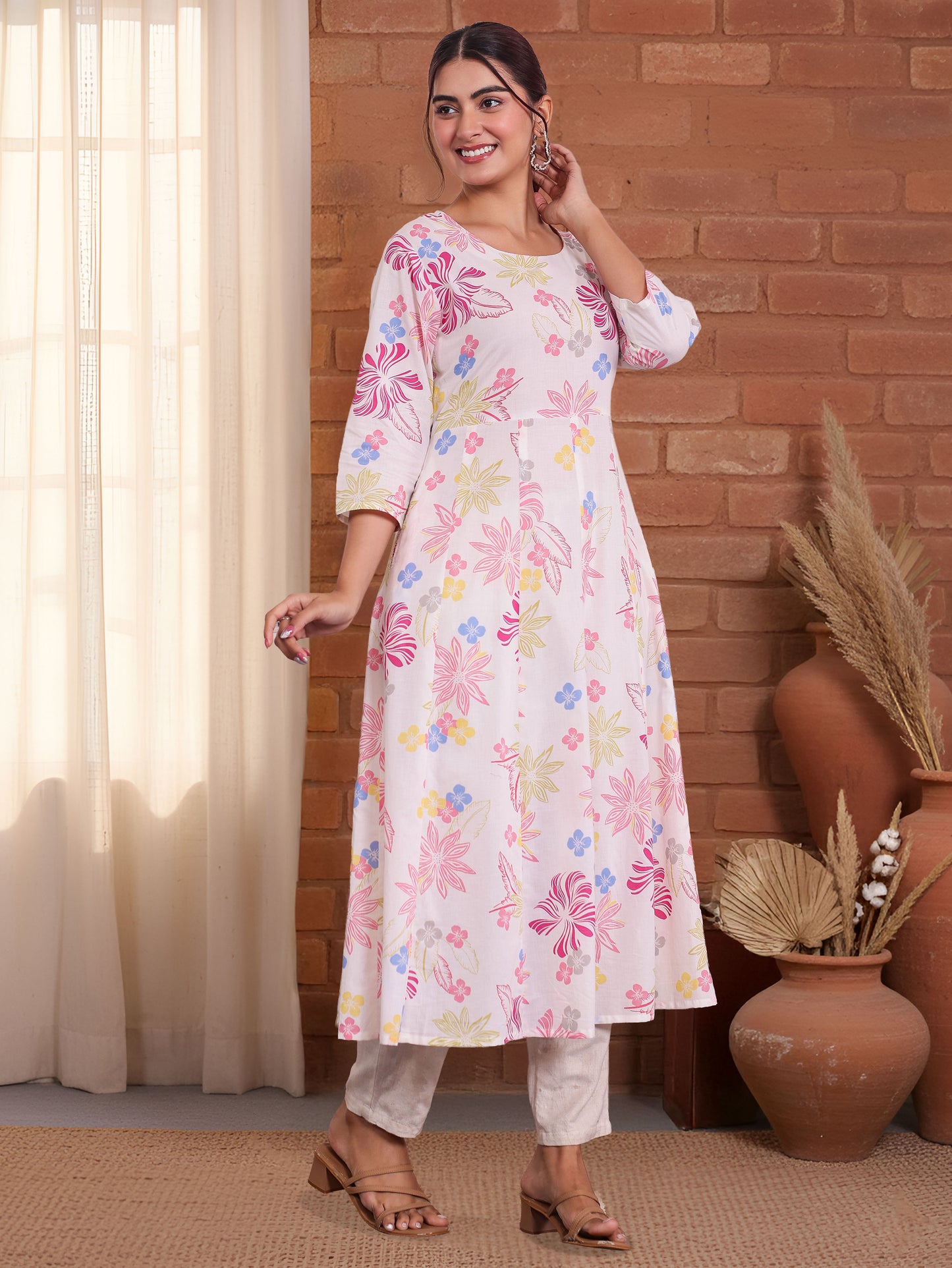 Soft Cotton Floral Anarkali Off White Kurta