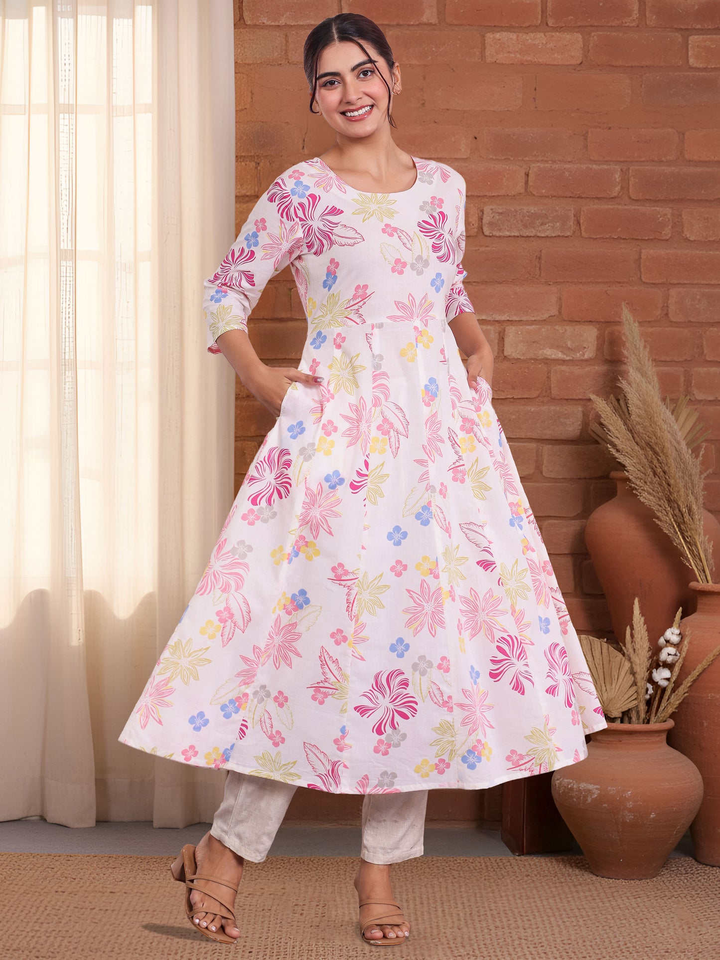 Soft Cotton Floral Anarkali Off White Kurta