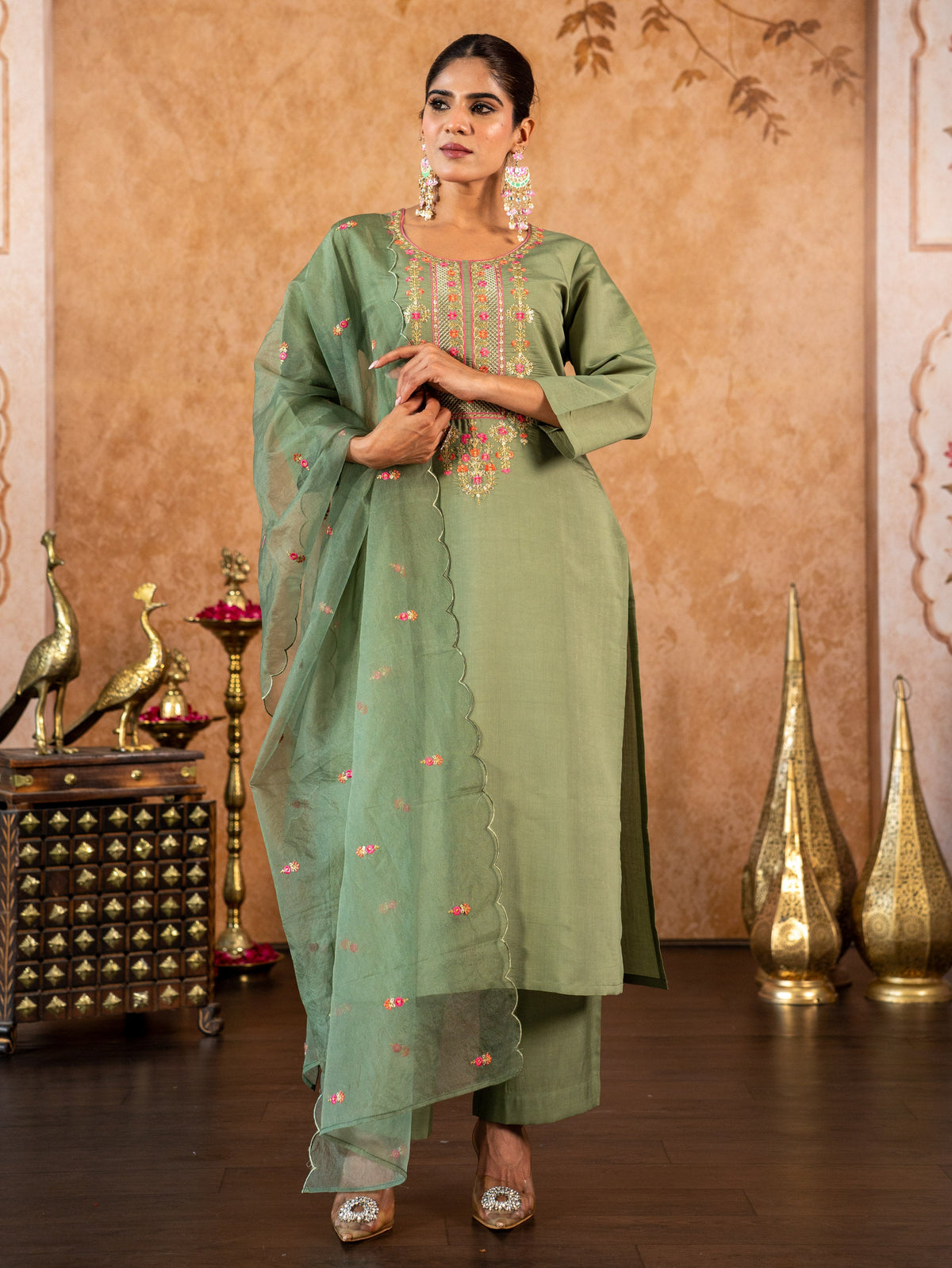Embroidered Organza Solid Sage Green Dupatta