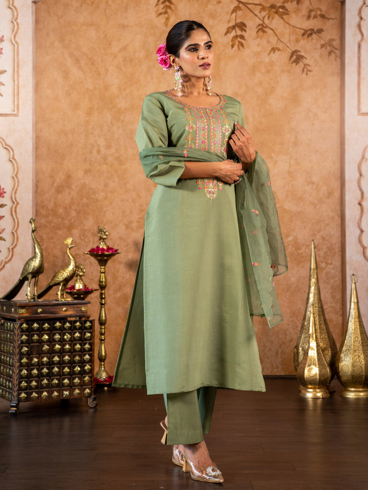 Embroidered Organza Solid Sage Green Dupatta