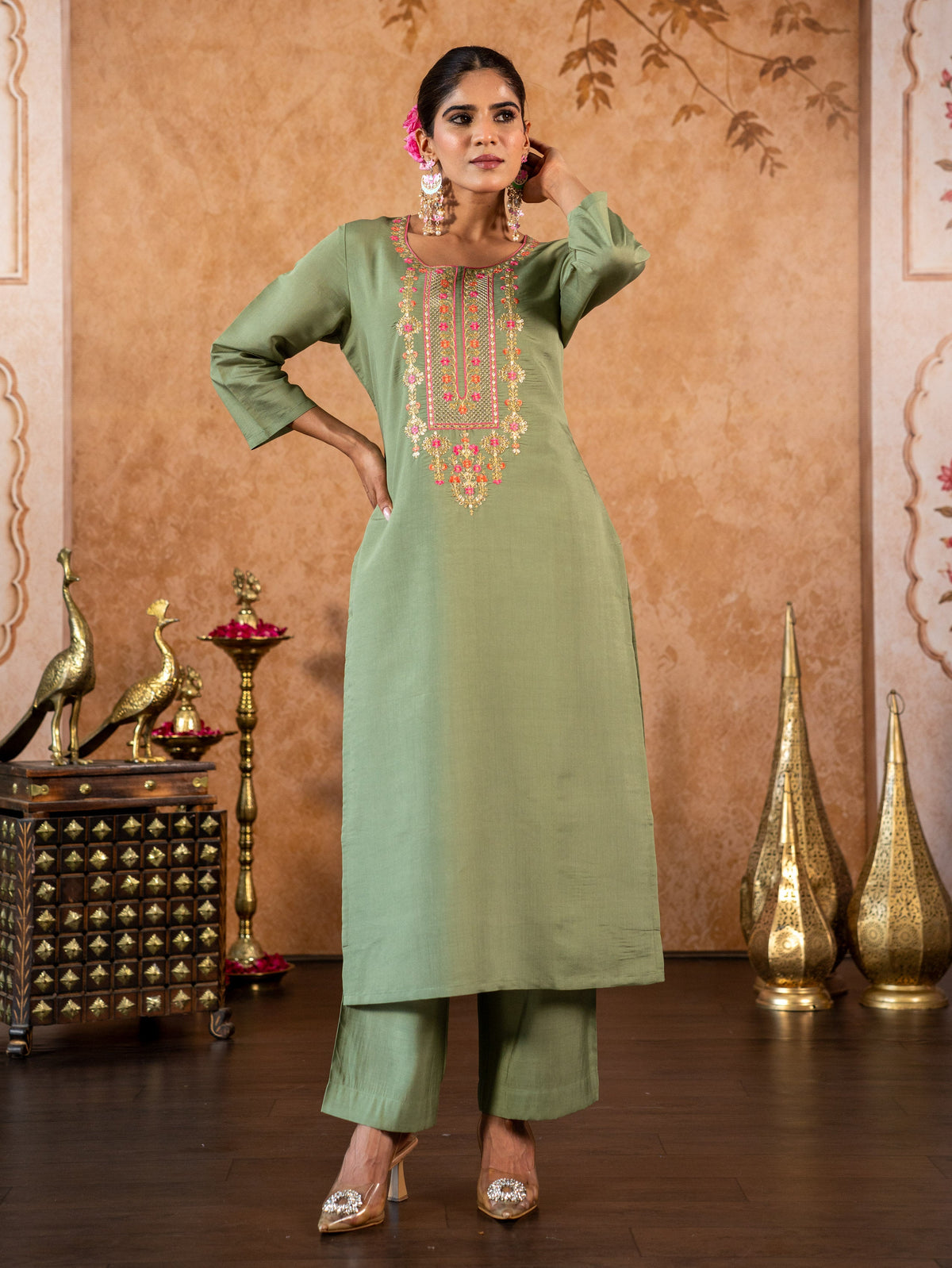 Embroidered Chanderi Solid Straight Sage Green Kurta