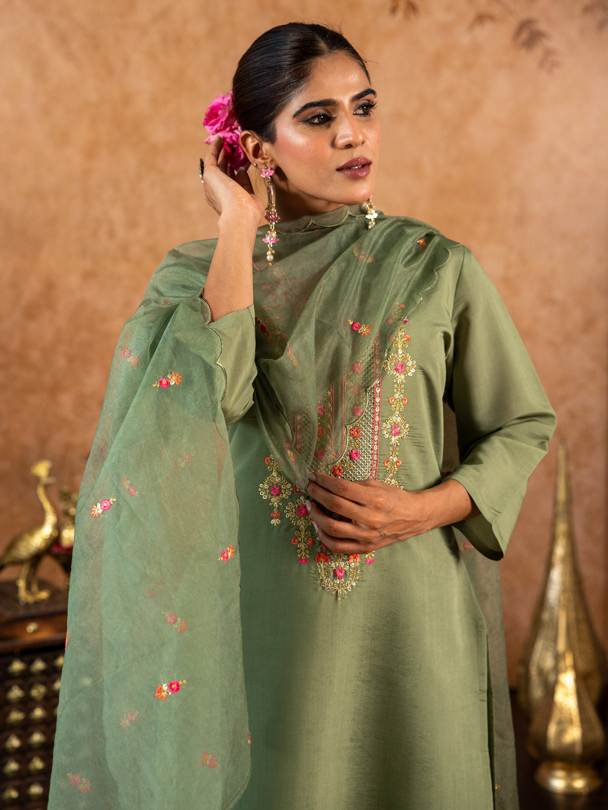 Embroidered Chanderi Solid Straight Sage Green Kurta