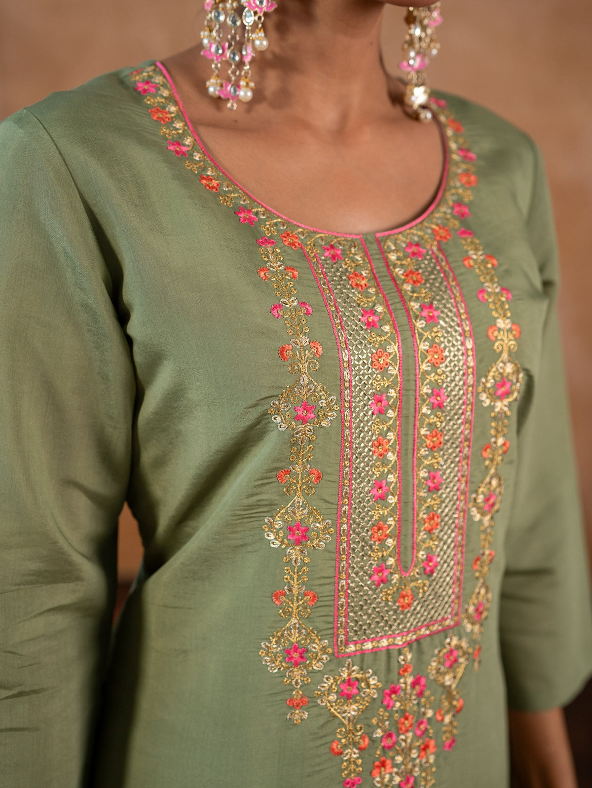 Embroidered Chanderi Solid Straight Sage Green Kurta