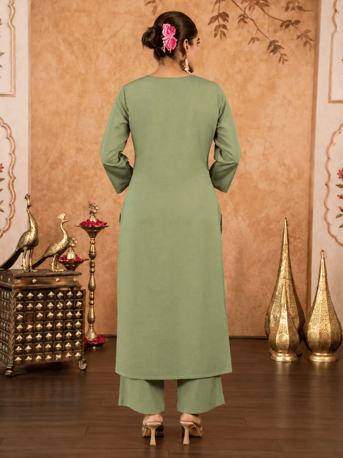 Embroidered Chanderi Solid Straight Sage Green Kurta