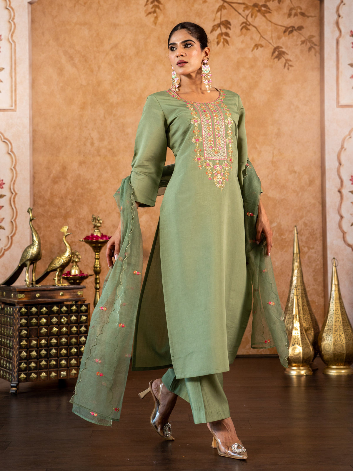 Embroidered Chanderi Solid Straight Sage Green Kurta