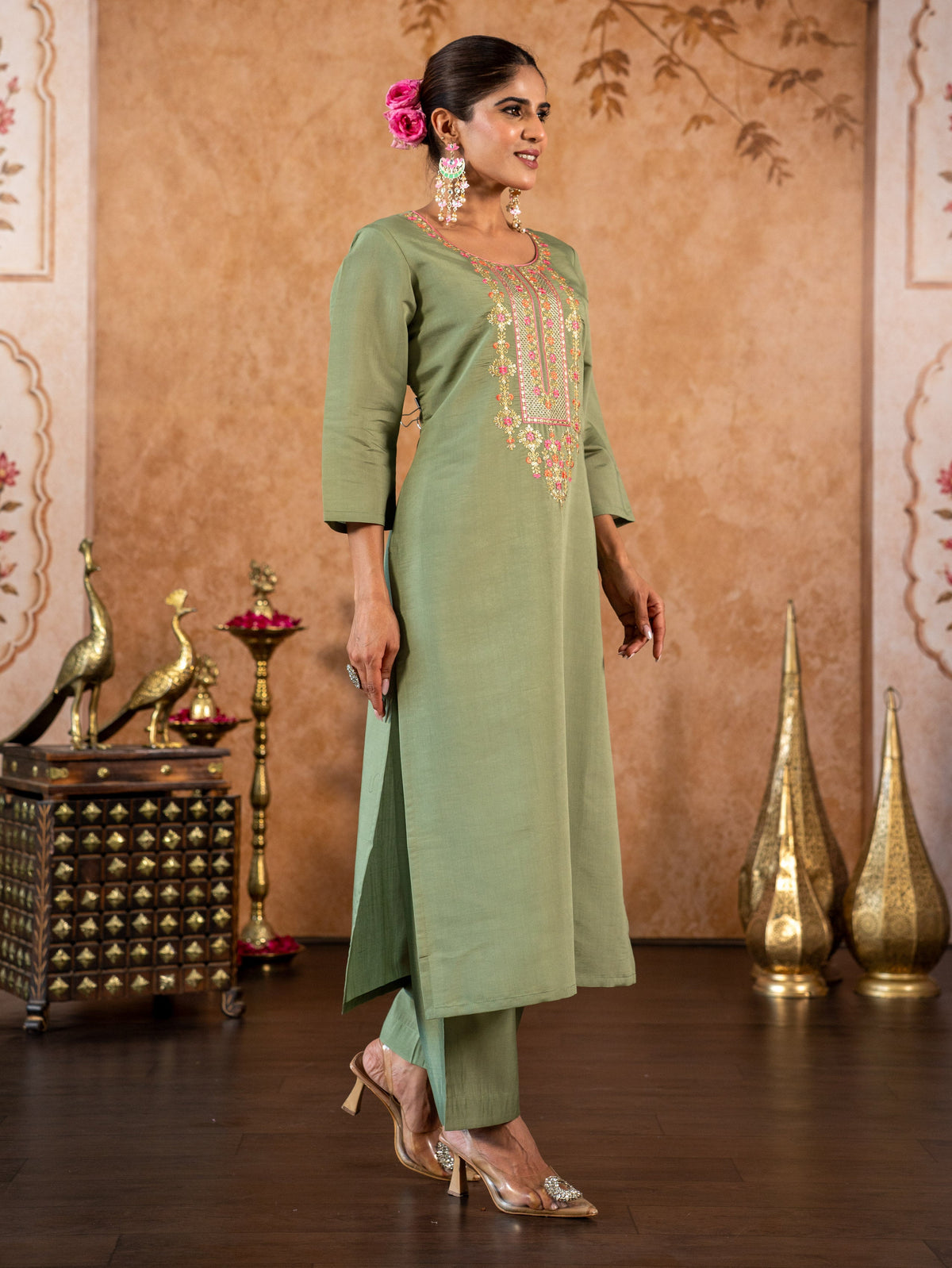 Embroidered Chanderi Solid Straight Sage Green Kurta