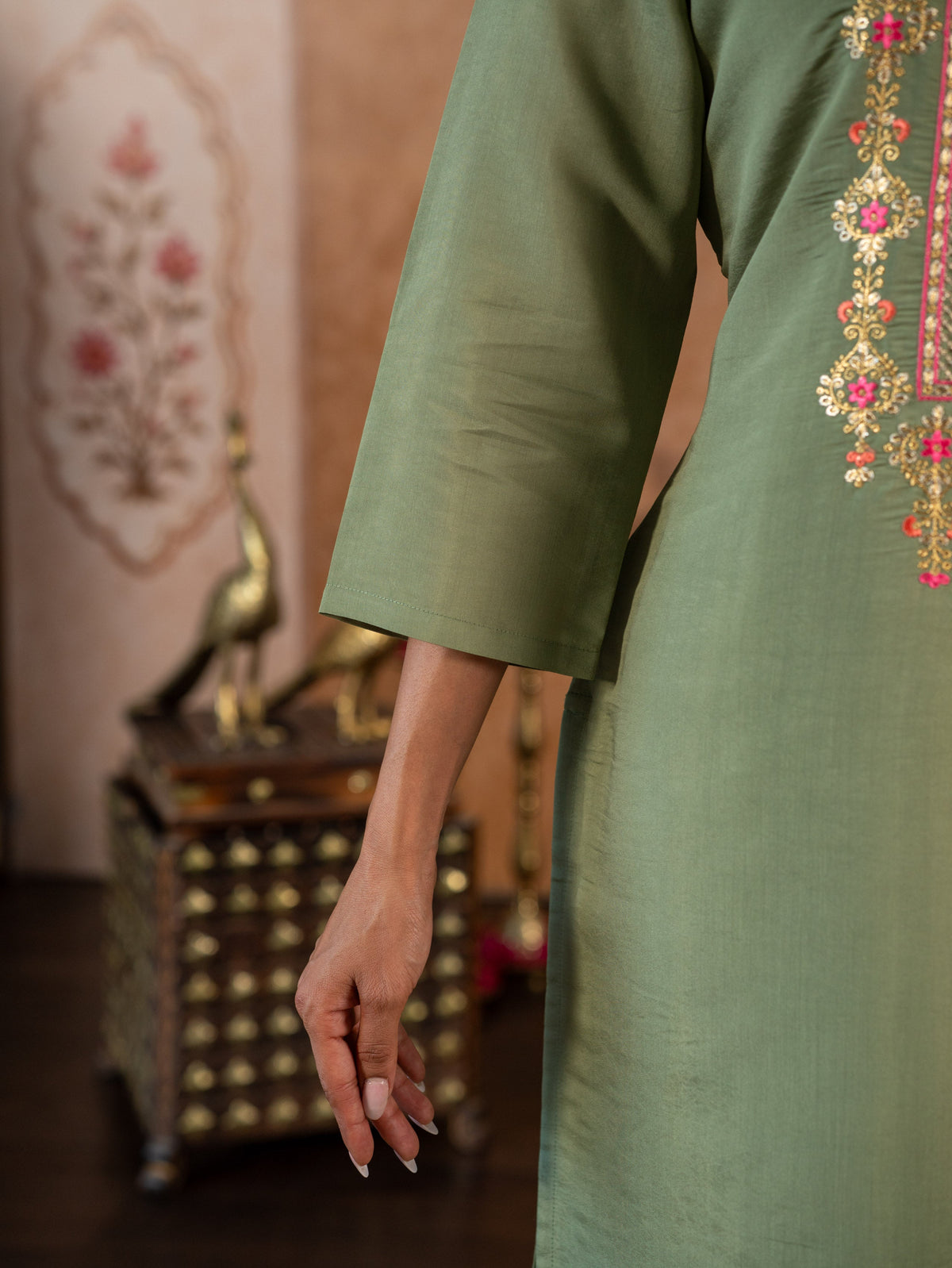 Embroidered Chanderi Solid Straight Sage Green Kurta