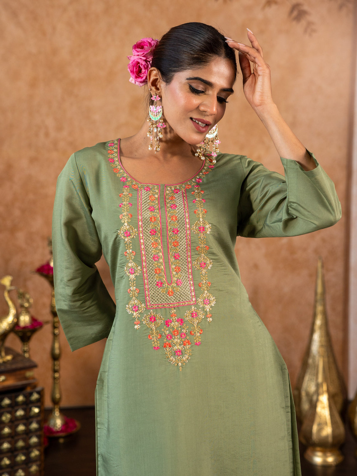 Embroidered Chanderi Solid Straight Sage Green Kurta
