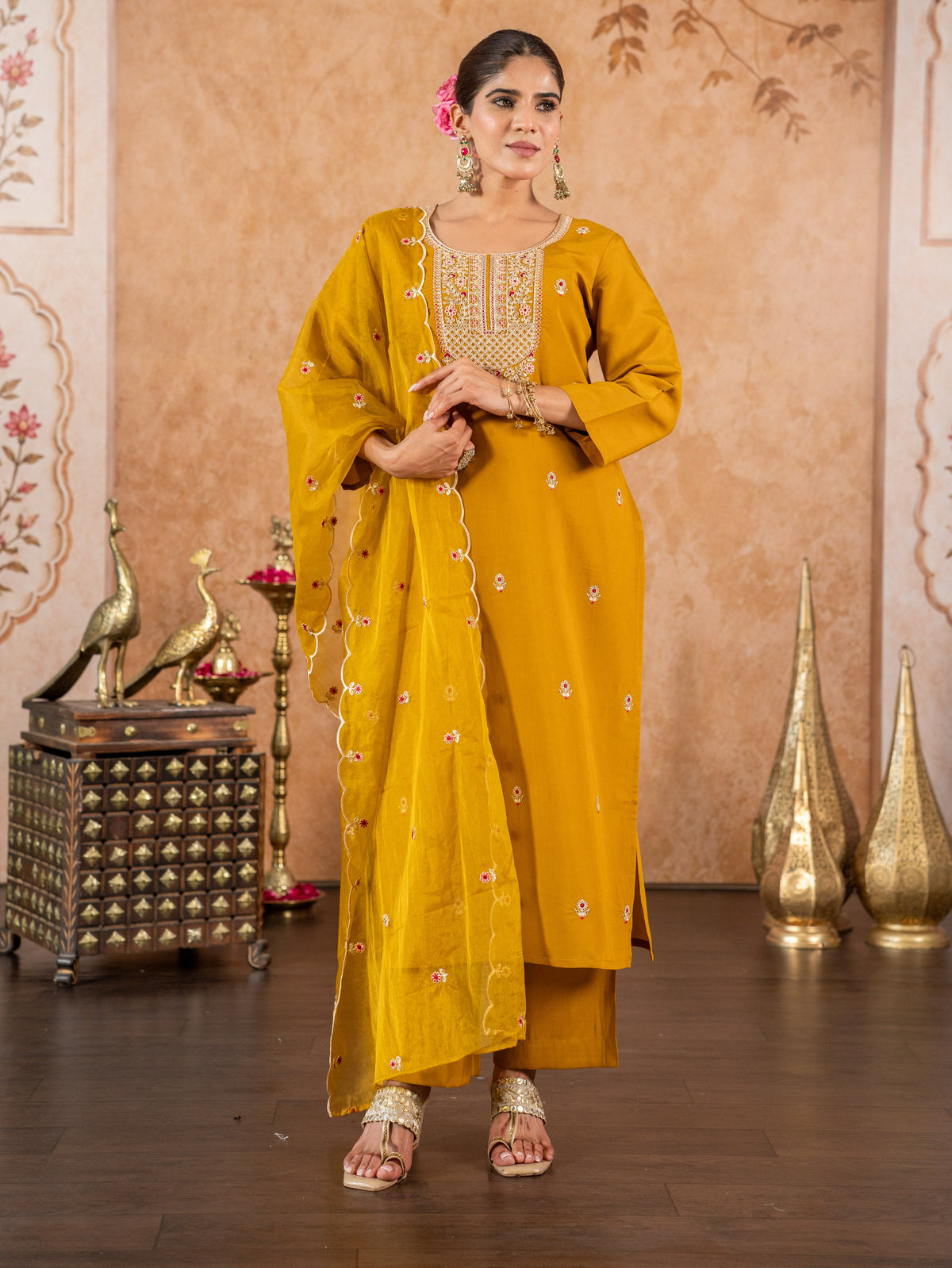 Embroidered Organza Solid Mustard Dupatta