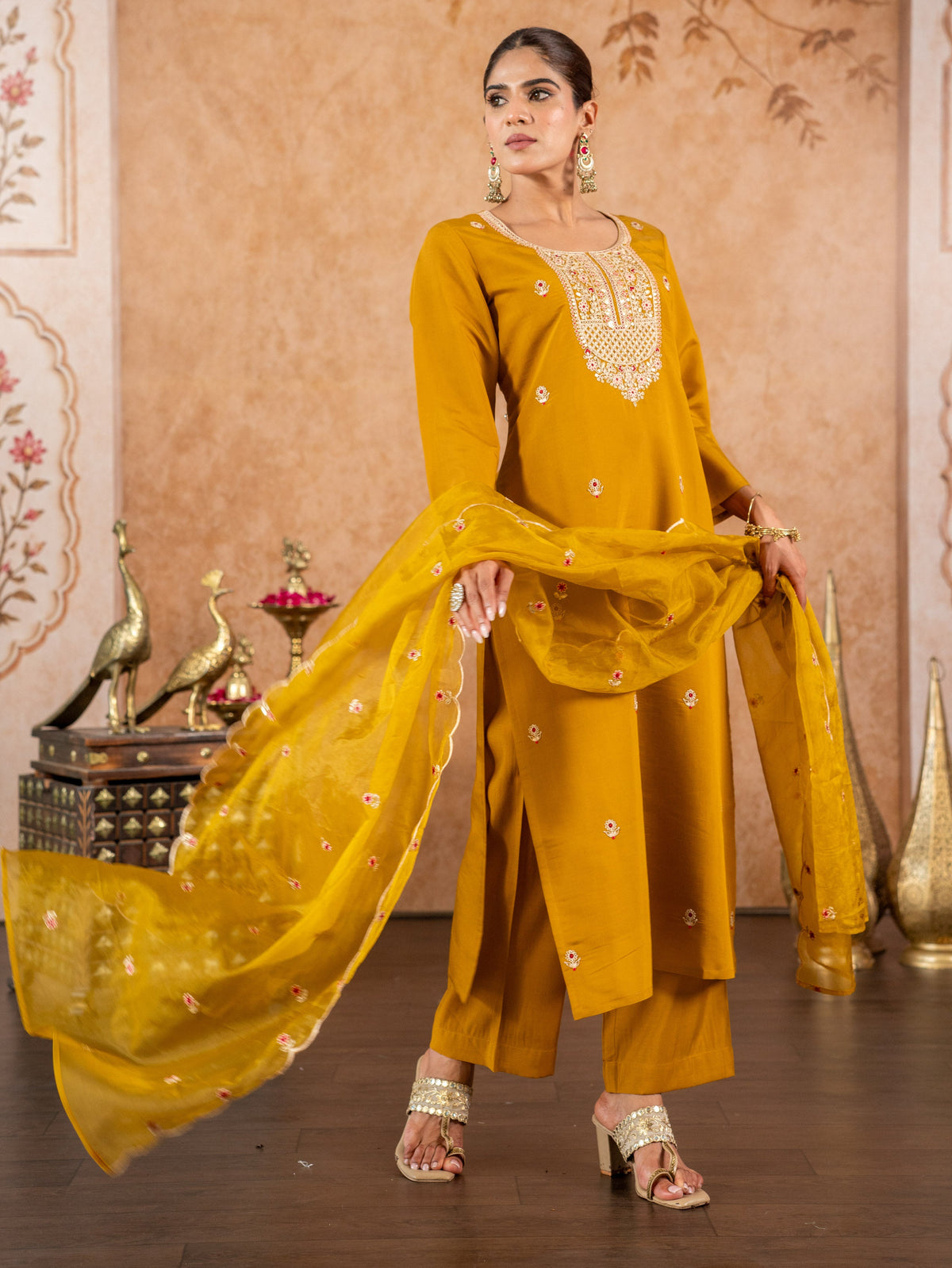 Embroidered Organza Solid Mustard Dupatta