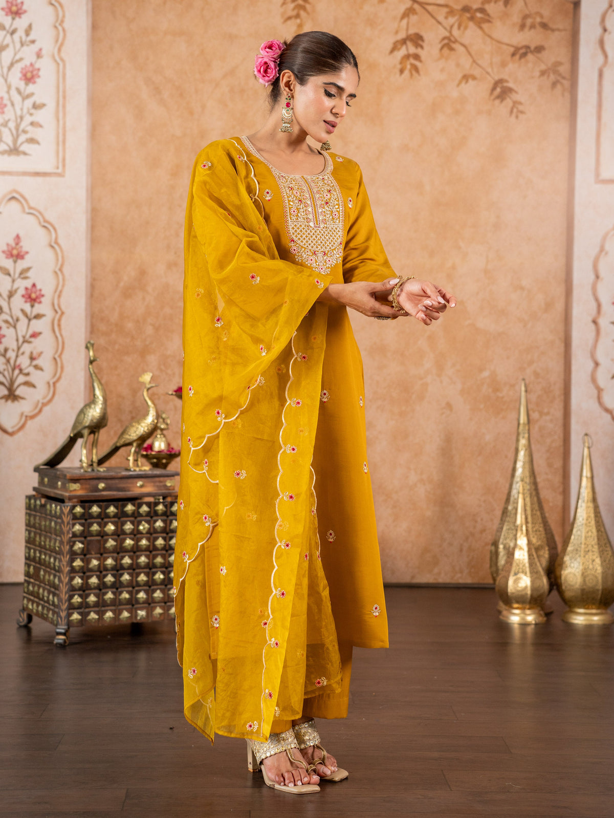 Embroidered Organza Solid Mustard Dupatta