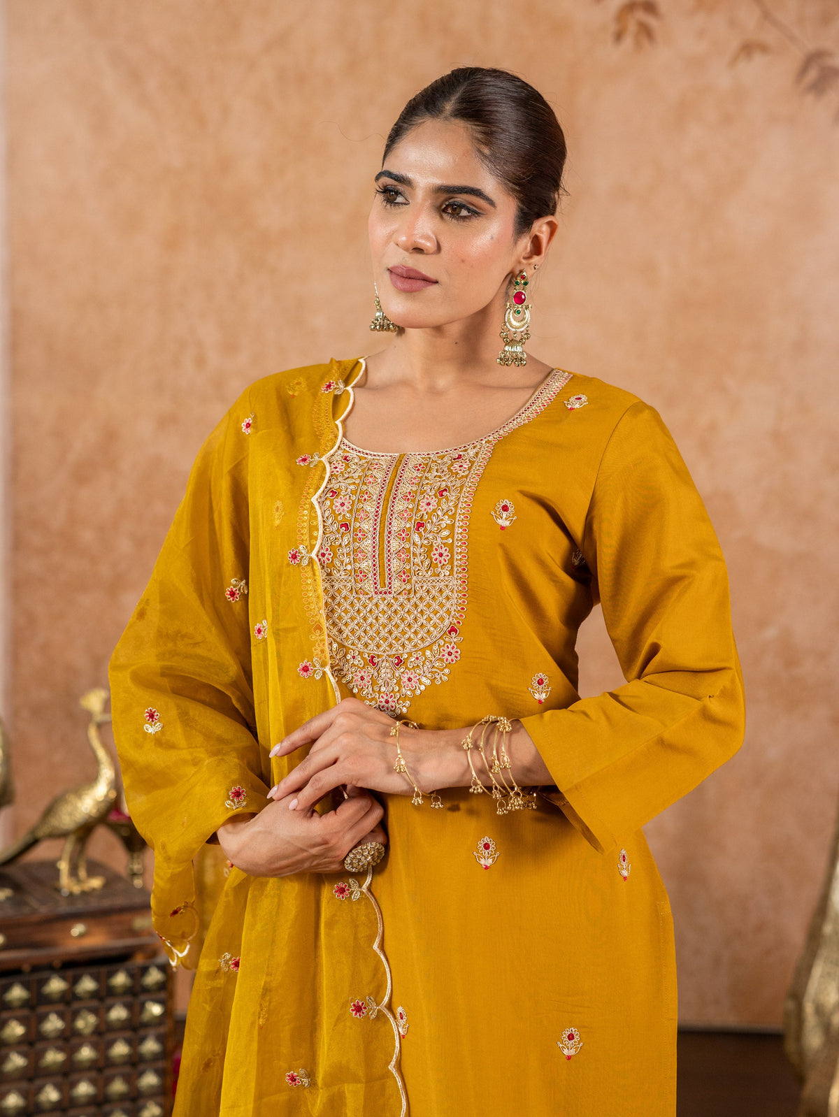 Embroidered Chanderi Solid Straight Mustard Kurta