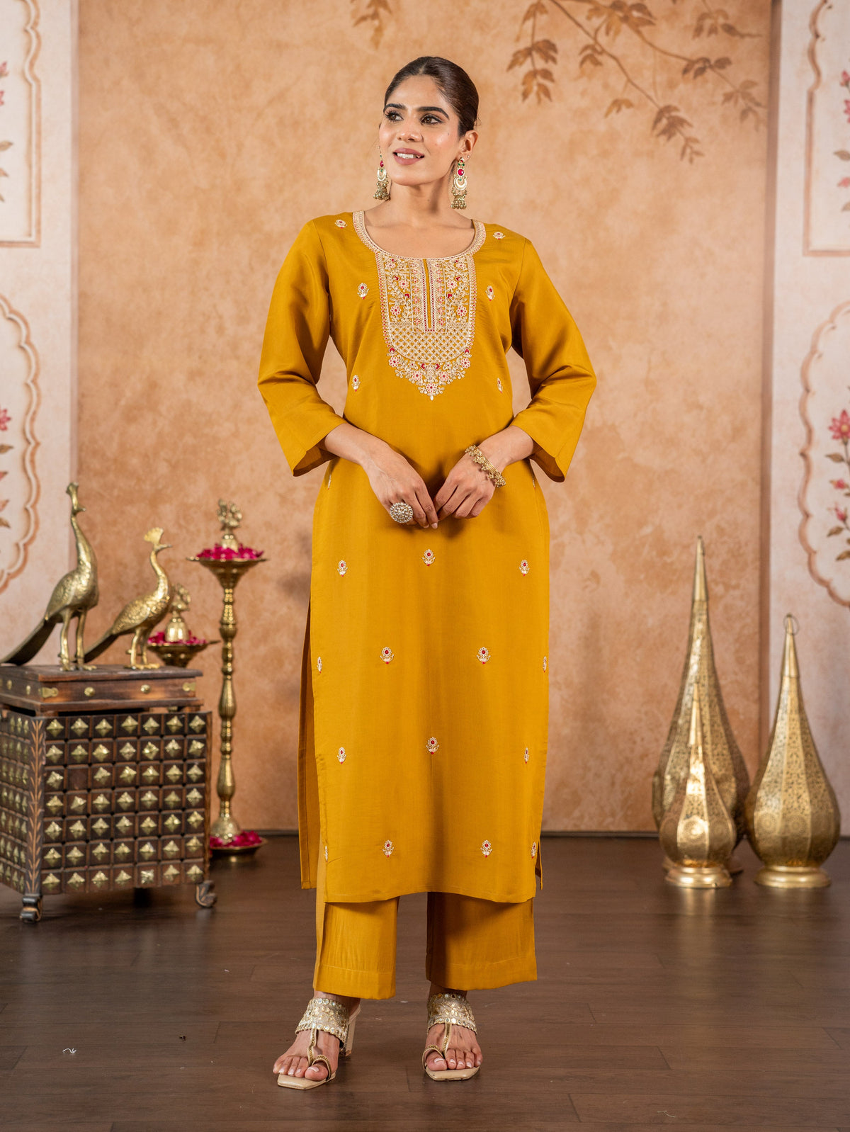 Embroidered Chanderi Solid Straight Mustard Kurta