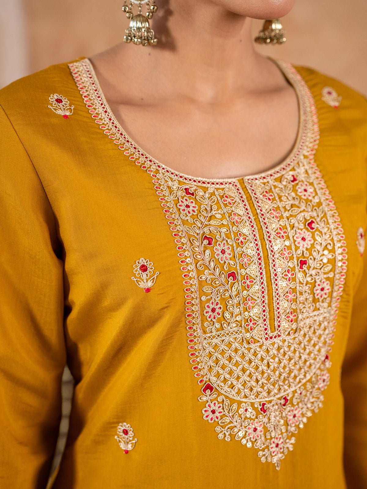 Embroidered Chanderi Solid Straight Mustard Kurta