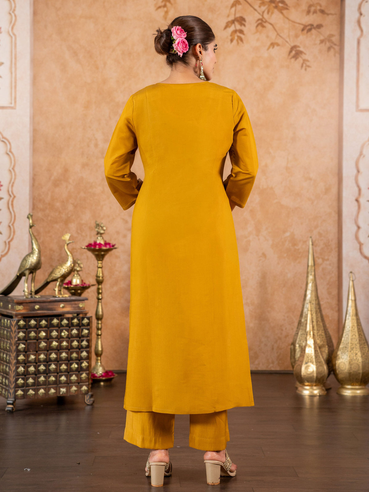 Embroidered Chanderi Solid Straight Mustard Kurta